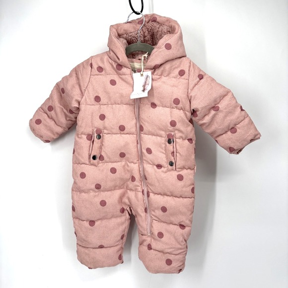 Jessica Simpson Infant Girls Pink Polka Dot Hooded Snowsuit 12M Warm Lined - Picture 1 of 5